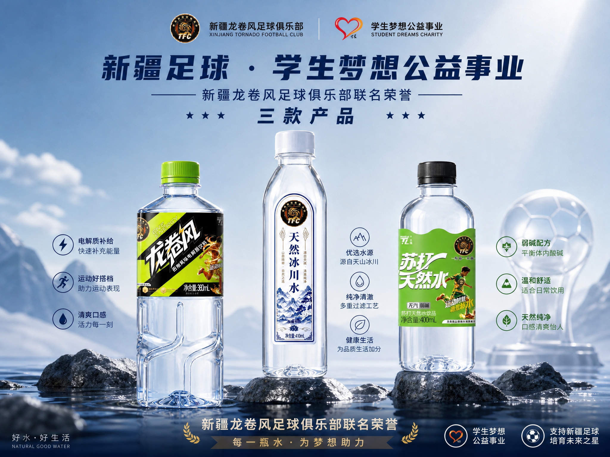 调整产品宣传海报：将天然冰川水瓶放在画面正中间C位，龙卷风电解… - 图片创意预览