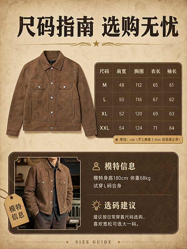 [商品] 使用【图1】棕色做旧麂皮翻领夹克；商品处理：保留翻领、金属按扣、双胸袋、双侧插袋、棕色麂皮材质和颜色；平铺展示正面全貌，自然去皱理顺，增强质感，不改变版型结构。
[画面] 目标：尺码信息页，提供尺码表与选码建议。构图：上半部分左侧为夹克平铺正面图，右侧为尺码表格；下半部分为模特信息和选码建议。背景为浅米色纸张质感，带轻微复古纹理。产品平铺图占画面约35%。
[视觉] 套系策略：风格=美式复古工装商业摄影；标题字=复古衬线粗体；正文字=简洁无衬线体；主色=焦糖棕；背景延展=基于焦糖棕做深浅层级、同色渐变和做旧纸张/皮革质感；强调色=古铜金，仅用于小面积图标、引线和标签；标题色=深棕黑；正文色=暖棕灰；组件=圆角深棕信息卡、细线引线、复古标签；光影=右前侧暖调柔光，带轻微复古颗粒感。
[文字] 顶部主标题「尺码指南 选购无忧」，尺码表含「尺码|肩宽|胸围|衣长|袖长」字段（M/L/XL/XXL四档，数值用约数表示），下方模特信息「模特身高180cm 体重68kg 试穿L码合身」，选码建议「建议按日常穿着尺码选购，喜欢宽松可选大一码」。底部小号英文「SIZE GUIDE」。
[规格] 图片比例3:4竖版，4K分辨率，避免变形、错字、文字过小、冷蓝/蓝灰背景、衣服颜色改变、版型失真。