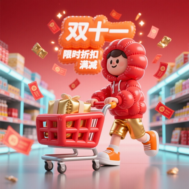 画面中有购物车、优惠券、包裹等购物元素，还有可爱拟人化电商平台形象（或卡通购物小人），围绕 “双十一” 促销标识互动。场景设定：热闹的线上电商界面或线下商场，背景有闪烁促销灯光、满是商品的货架、代表网预览效果