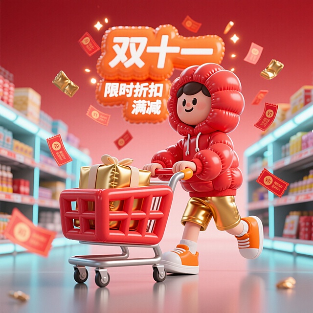 画面中有购物车、优惠券、包裹等购物元素，还有可爱拟人化电商平台形象（或卡通购物小人），围绕 “双十一” 促销标识互动。场景设定：热闹的线上电商界面或线下商场，背景有闪烁促销灯光、满是商品的货架、代表网络的科技感元素，营造双十一购物狂欢氛围。风格参考：3D 卡通渲染风格，活泼有活力，融合电商促销热闹感与卡通可爱感。色调色彩：以红色、金色、橙色等喜庆醒目色调为主，搭配白色亮色，体现促销热烈氛围。构图视角：平视视角，核心促销元素与购物卡通元素置于画面中心。细节补充：飞舞的优惠券，闪烁的 “限时折扣”“满减” 文字光效，商品和购物元素带动态感，似欢快参与购物狂欢。