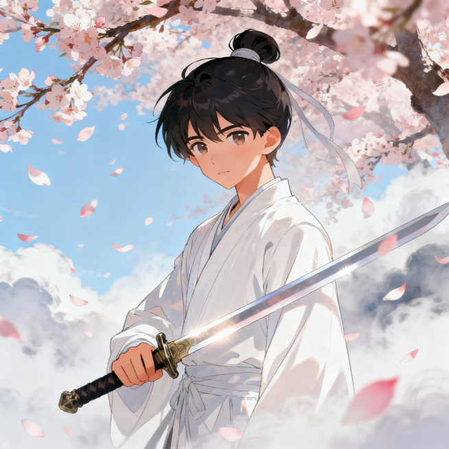 古风少年，白衣剑客，墨发束起，手持长剑，站在桃花树下，花瓣飘落，仙侠场景，云雾缭绕，日系动漫风格，明亮色彩，高清线条，精致五官预览效果