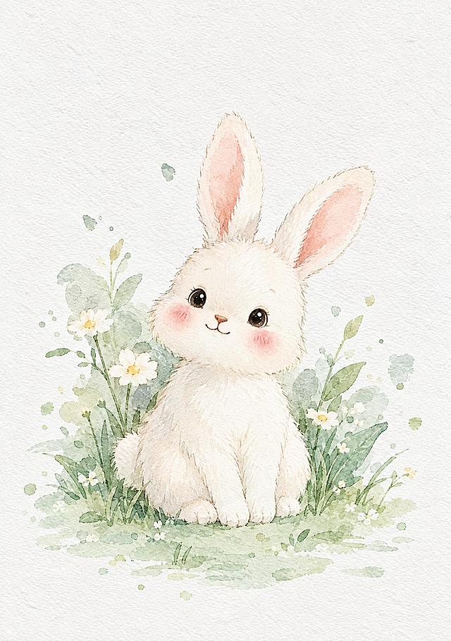 按照参考图的柔和水彩儿童绘本插画风格，绘制一只可爱的小兔子：毛色雪白柔软蓬松，毛发干净透亮有细腻光泽，两只竖起的粉嫩长耳朵，圆润的脸颊带一点粉色腮红，乌黑明亮的大眼睛，表情温柔亲切、大方从容，仿佛在安静地微笑着；背景是低饱和的浅绿草地和几朵淡雅小花，点缀少量水彩晕染的叶子，四周保留水彩纸纹理与留白；画风轻盈通透，水彩晕染与细淡线条结合，色彩低饱和、高明度、柔和过渡，整体干净治愈、温暖宁静，无文字。