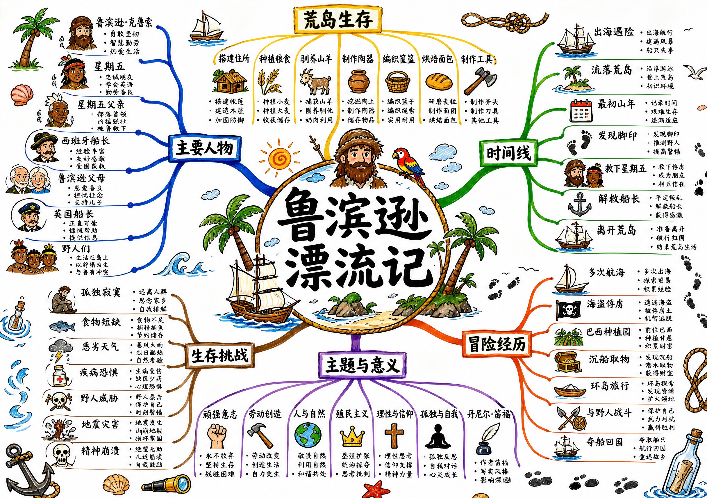 一张横版A4尺寸的思维导图海报，纯白底色，马克笔手绘风格，内容… - 图片创意预览