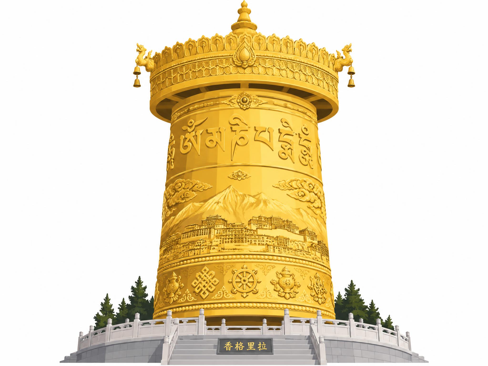 香格里拉大转经筒矢量图形，藏式地标元素，简洁扁平化矢量插画风格… - 图片创意预览