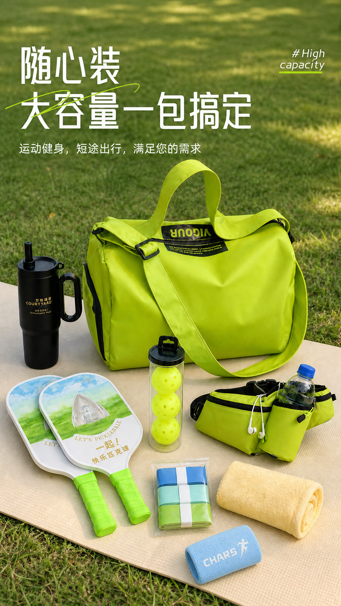 在这张竖版运动健身海报的产品陈列区中，新增一个蓝色护腕（参考图… - 图片创意预览