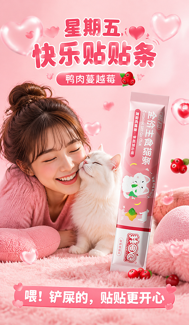 电商详情页周五口味页，快乐贴贴条·鸭肉蔓越莓。本张使用【图1】中粉色包装（右数第三根）的猫条作为产品主体，保持包装颜色、图案、文字风格与原图一致。
画面氛围：甜蜜贴贴萌系风，快乐亲密感，柔和粉光，商业摄影质感。
元素布局：粉色鸭肉蔓越莓口味猫条放在画面右侧，占比约40%；左侧女生和白色猫咪脸贴脸亲密贴贴，猫咪蹭着女生的脸，女生笑得很开心，画面充满甜蜜感；背景是粉色渐变，点缀蔓越莓果实和爱心气泡；地面是粉色毛绒地毯，有几个可爱的抱枕。
光影质感：柔和粉色暖光从左右两侧打来，人物和猫咪脸上有粉嫩光泽，整体甜蜜温馨。
配色色系：全局底色#FFE8EE浅粉色；主色蜜桃粉、奶白；辅助色蔓越莓深红、鸭肉浅棕点缀。
视角构图：正面平视，亲密贴贴画面为中心，产品在右侧呼应，阅读动线顶部标题 → 中部贴贴互动 → 右侧产品。
文字版式：顶部居中大标题「星期五 快乐贴贴条」圆润粗黑体，玫粉色；副标题「鸭肉蔓越莓」稍小，配蔓越莓小图标；底部大字slogan「喂！铲屎的，贴贴更开心」白色字配粉色渐变圆角底条；周围有爱心装饰。
负向提示词：产品变形，包装颜色错误，文字错乱，猫咪畸形，人物模糊，水印，背景杂乱。