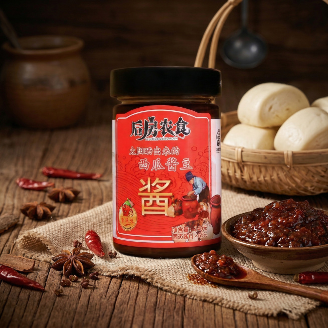 保留原有瓶身细节、酱体质感、实木桌面、麻布、暖调侧光暗调氛围，在画面周围添加八角、花椒等香料点缀，在产品后方添加一个盛放馒头的竹篮，保持整体家常手工的传统氛围，不添加额外文字，真实质感。预览效果