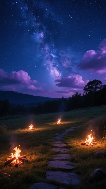 夜晚背景，深邃的深蓝色夜空布满璀璨繁星，银河清晰可见，点缀着暗紫色的云朵，地面上点缀着几簇温暖的篝火，火光映照下的草地和石板小径，营造出宁静而神秘的氛围。预览效果