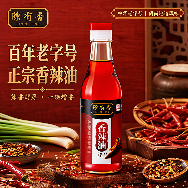 [主图1]陈有香香辣油首图，瓶身居中特写，红油透亮，浅红木纹底，点缀辣椒芝麻葱花。左上提取原"陈有香"logo，大字"百年老字号 正宗香辣油"，小字"辣香醇厚・一碟增香"，右上角标"中华老字号 | 闽南地道风味"。闽南传统美食风，暖调红金木色，商业摄影，1:1，4K，文字清晰，不变形。