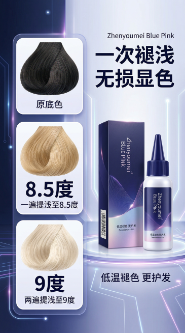 真尤美蓝粉功效数据展示主图，风格简约大气科技感。画面左侧展示褪色度数对比示意图：原图深色头发标注"原底色"，使用一次后的头发标注"一遍提浅至8.5度"，使用两次后的头发标注"两遍提浅至9度"，每个对比预览效果