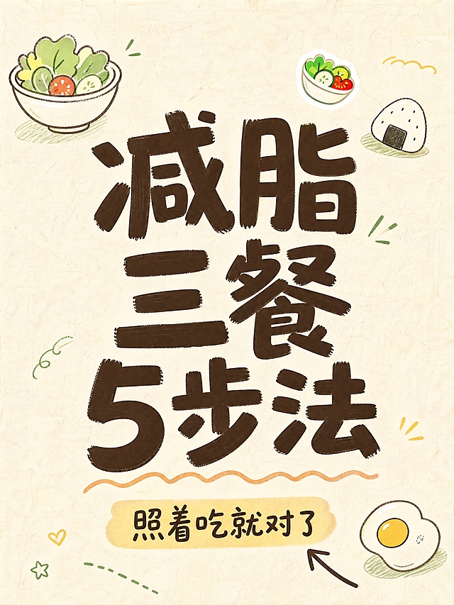 小红书笔记大字封面，插图大字，手绘风，版式精美，小红书笔记封面质感，适合信息流点击。主标题必须完整呈现且为画面视觉中心，逐字锁定：「减脂三餐5步法」。主标题字号占画面约55%视觉权重，清晰可读，不得增删改字。副标题：「照着吃就对了」。背景：浅米色手绘纸张纹理底，带轻微铅笔涂鸦质感。标题排版：手绘马克笔风格粗体字，深棕色，略带手写抖动感，采用插图大字L01策略，主标题居中。插画元素：画面四周点缀手绘简笔小插画——左上角一个手绘小碗蔬菜，右下角一个手绘鸡蛋，右上角一个手绘小饭团，均为极简线条+淡彩填色，不抢主标题。装饰：主标题下方一条手绘波浪下划线；右下角一个手绘小箭头指向副标题；emoji贴纸1个（🥗）置于主标题右上角外侧，不与文字混排。整体氛围：温暖治愈、手绘手账感、营养师亲切分享。画质：高清细腻，信息层级清晰，主标题与背景强对比，文字完整处于安全区内不可裁切，四周留安全边距。画面比例3:4，4K。