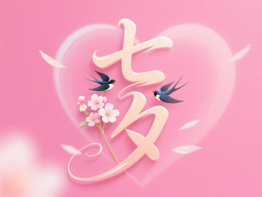 竖向浅色文字"七夕"，线条流畅，动态连笔，局部飘逸弯钩设计，关键笔画延长，羽化，随意飞白。创意字体设计点缀花朵、两只喜鹊元素，中国风书法字。粉色背景，叠加淡淡的弥散的心形，浪漫七夕氛围。预览效果