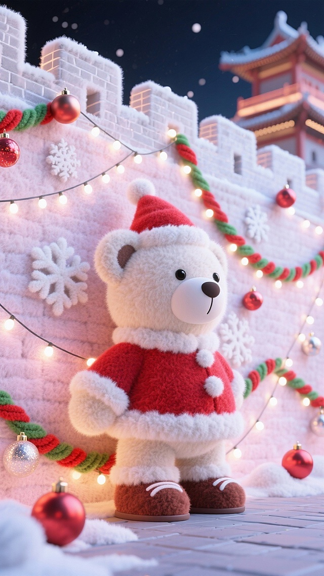 软3D风格的可爱小熊身着圣诞服饰，毛发生长质感细腻，背景为雪覆长城与中式楼阁，点缀彩灯与雪花，营造喜庆温馨的节日氛围。