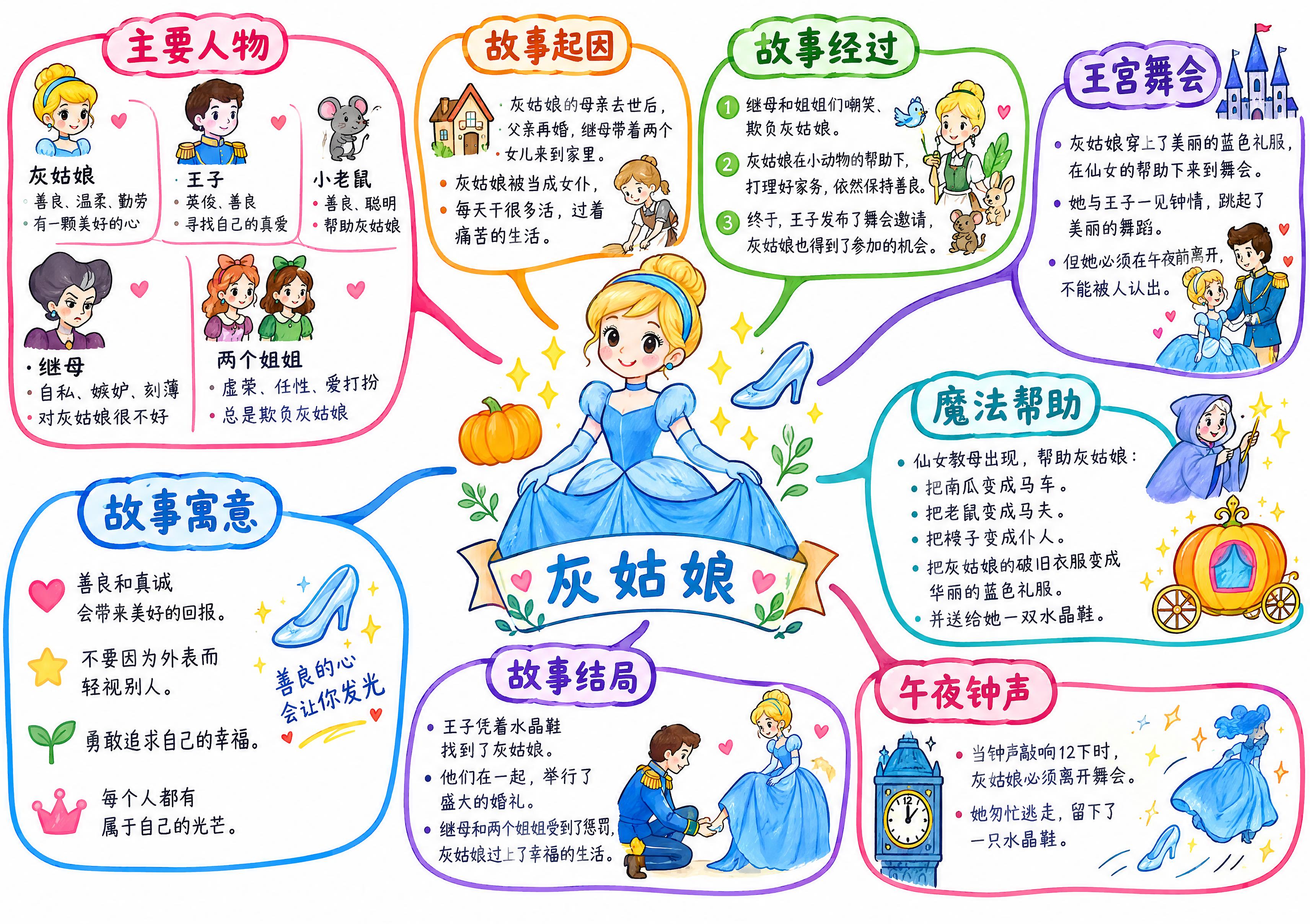 灰姑娘童话思维导图，马克笔手绘风格，白色背景，童趣可爱的线条，… - 图片创意预览