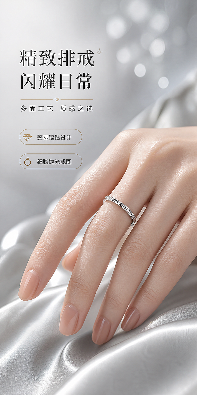 [商品] 使用【图1】银色调镶钻排戒；保留戒指银色金属戒圈、整排镶嵌小钻、整体造型比例、金属光泽与钻石排列；商品处理：增强金属抛光质感与钻石火彩，清晰化钻石切面，去除原图噪点，保持戒指原貌不变形。
[画面] 目标：氛围头图，突出戒指佩戴效果与高级质感。构图：左文右图，右侧为亚洲女性手部模特佩戴戒指的特写（手指自然舒展，戒指位于视觉中心），左侧留白放标题文案。主体占比：手部+戒指占画面65%。景别：手部近景特写。前中后景：前景为佩戴戒指的手指，中景为柔焦丝绸/绒布道具，背景为银灰色渐变+柔和光斑。阅读动线：从左标题到右产品。
[视觉] 套系策略：风格=高级珠宝商业摄影风，精致轻奢；标题字=现代纤细衬线体+粗体组合；正文字=简洁无衬线体；主色=银灰+高级炭灰；背景延展=基于银灰色做深浅渐变、同色系明暗层次、细腻金属反光质感；强调色=香槟金，仅用于小面积图标、引线、标签和点缀光效；标题色=深炭黑；正文色=中灰；组件=圆角银边信息卡、细金线引线、钻石形图标；光影=左前侧柔光+钻石高光点，整体冷调高级光感，突出金属与钻石的折射光泽。
[文字] 左上主标题：精致排戒 闪耀日常；副标题：多面工艺 质感之选；下方2个短卖点：整排镶钻设计、细腻抛光戒圈。所有文字横向排版，不遮挡戒指与手部主体。
[规格] 画布尺寸750×1500px竖版，分辨率4K，负向提示：避免戒指变形、钻石缺失、颜色偏黄、文字竖排/斜排、文字过小模糊、手部失真、背景杂乱、极限词、水印、二维码。
