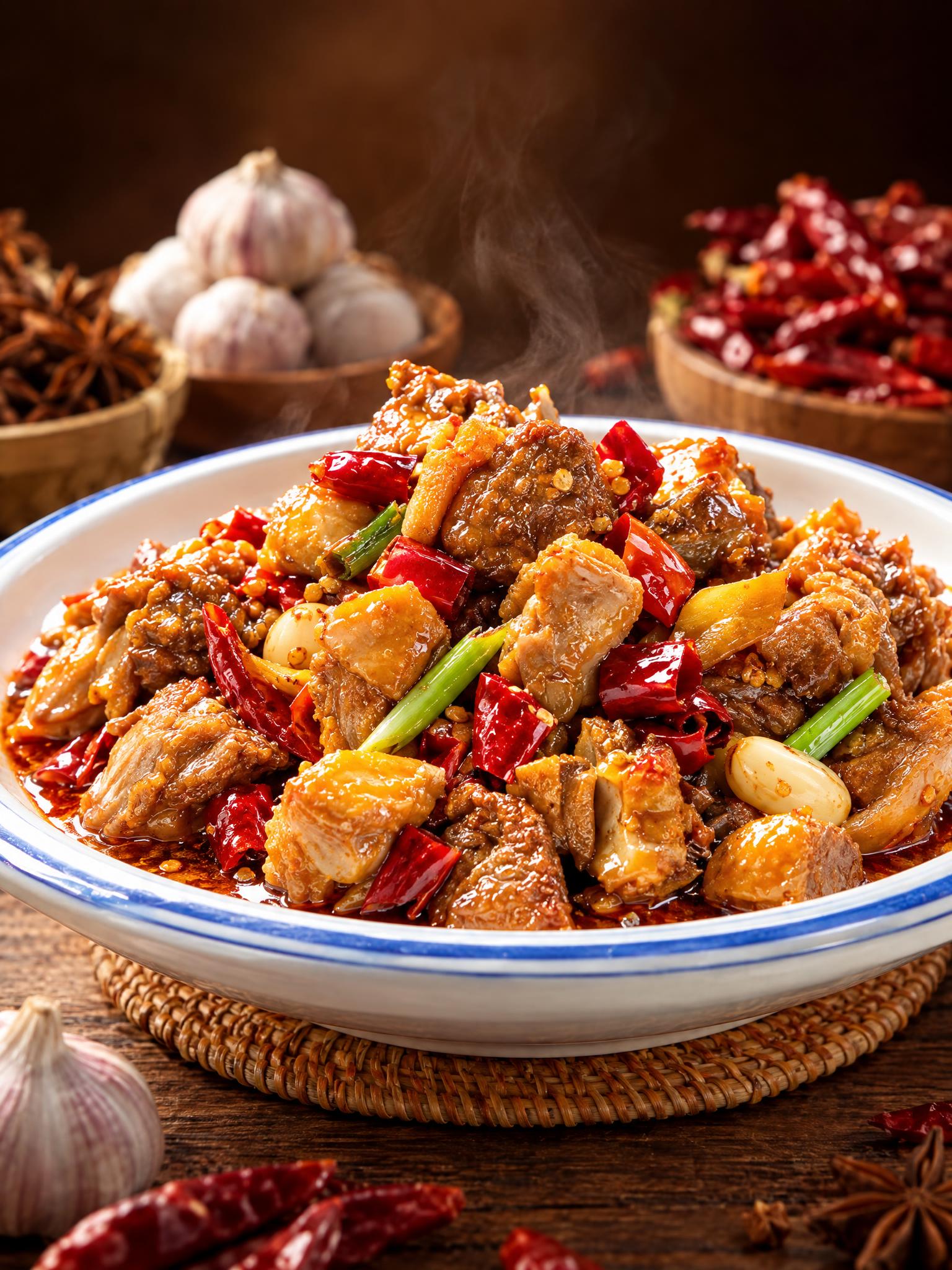 基于参考图中的红烧鸡块菜品，生成低角度仰视拍摄的美食摄影图，保… - 图片创意预览