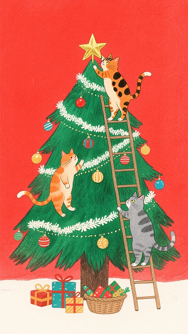 三只拟人猫咪合力装饰圣诞树，充满喜庆与卡通趣味，节日氛围浓厚。