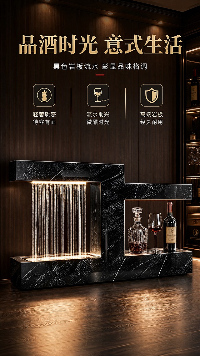 [商品] 使用【图2】黑色大理石纹岩板流水摆件；保留左流水幕墙+右置物台的几何结构、黑色岩板材质与白色纹理、LED暖光灯带、落地式底座、流水从上方垂落的方向；增强岩板深邃光泽质感与流水发光效果，不改变产品结构和比例。
[画面] 页面目标：第七屏场景种草，入户品酒区意式生活方式，突出高端生活品味与社交属性。构图：竖版9:16，产品位于画面中下部，占画面约55%，正面微侧角度。前景：深色实木地板，带柔和灯光倒影。中景：黑色岩板流水摆件，右侧置物台上摆放水晶醒酒器、高脚红酒杯与复古红酒瓶，左侧流水幕墙水流在暖光下泛着光泽。背景：深色木饰面墙面，顶部有嵌入式暖光筒灯，右侧隐约可见酒柜一角。整体营造意式轻奢、有格调的品酒区氛围。
[视觉] 套系策略：风格=意式轻奢高端商业摄影；标题字=现代轻奢衬线粗体；正文字=简洁无衬线体；主色=黑棕酒红调；背景延展=基于深棕、黑金做深浅层级、同色渐变和细腻木饰面/皮革质感；强调色=酒红色+暖金色，仅用于小面积图标、引线、标签和灯光高光；标题色=哑光金；正文色=浅米灰；组件=圆角深色信息卡、细金线引线、轻奢装饰线条；光影=顶部暖光筒灯+LED灯带暖光+环境氛围光，整体暗调高级氛围感光影。
[文字] 画面上方留白区域放主标题和副标题，不遮挡产品主体。主标题：品酒时光 意式生活；副标题：黑色岩板流水 彰显品味格调；下方3个卖点图标+短文案：① 轻奢质感 待客有面 ② 流水助兴 微醺时光 ③ 高端岩板 经久耐用。文字全部横向排版，手机端清晰可读。
[规格] 图片比例9:16竖版，4K分辨率，避免变形、错字、文字过小、冷蓝背景、产品结构改变、岩板纹理错乱。