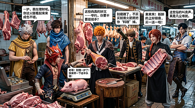 真实环境真人风格图，图一百里守约、图二银魂神威、图三曜、图四澜、图五冲田总悟、图六百里玄策、图七黑骑一护共七位男性角色在一起卖肉，保留每个人物原来的服装不变，所有人物相互认识，人物之间随机互动搭话玩闹，加入符合卖肉场景的中文气泡对话，16:9