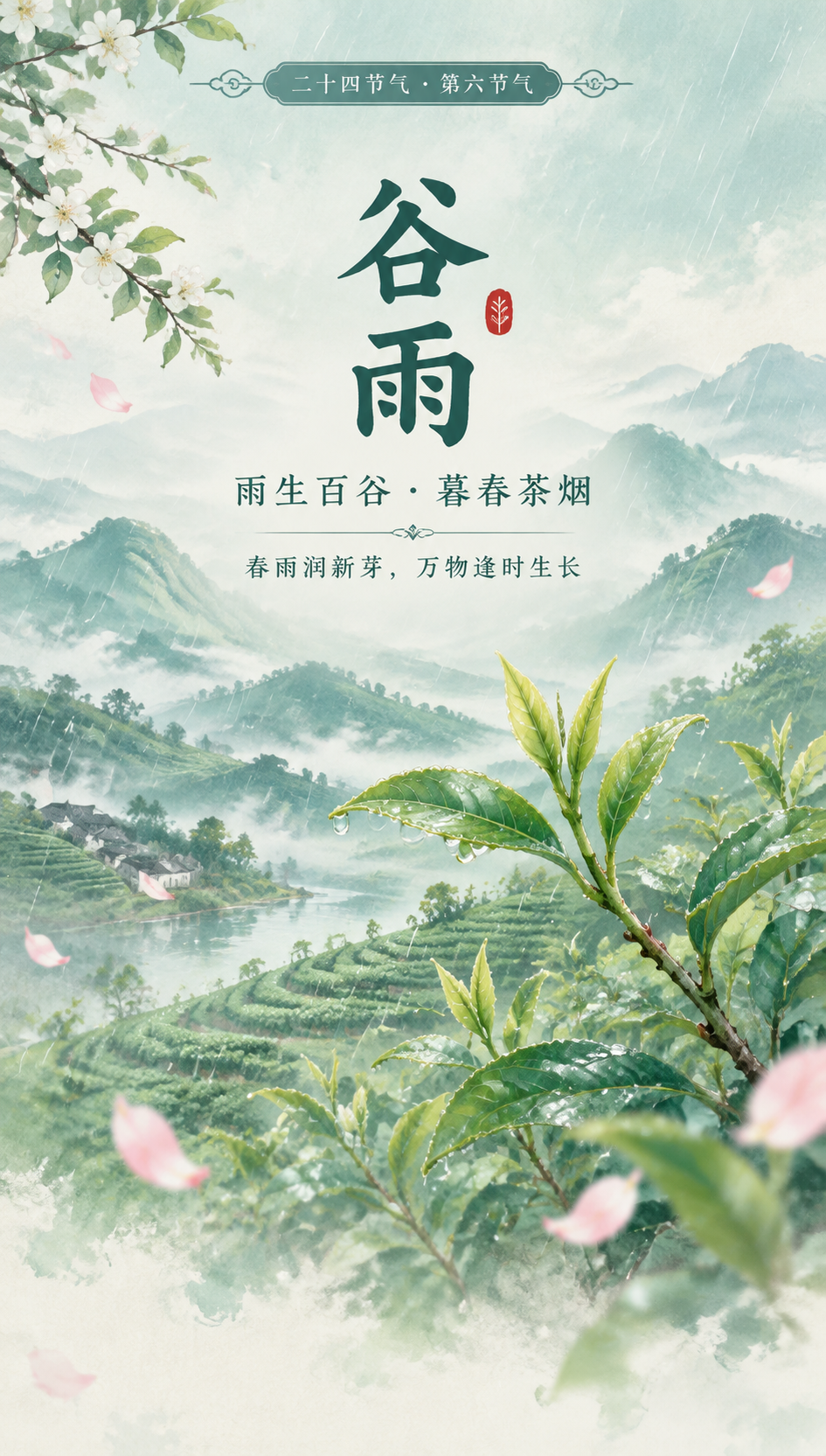 谷雨节气海报，国风新中式工笔淡彩风格，清新淡雅。竖版上下分层布… - 图片创意预览