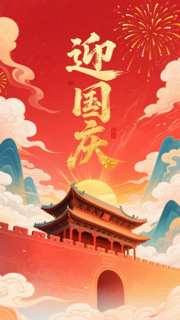大红色背景，生成一个节日插图，唤起日落或庆祝的光芒。在这幅画的中心，醒目地用粗犷的毛笔书法字体写着大大的金色汉字“迎国庆”。在文字的下面，前景建筑为带斗拱的城楼轮廓，都用平滑的渐变来配合暖色调。顶部角预览效果