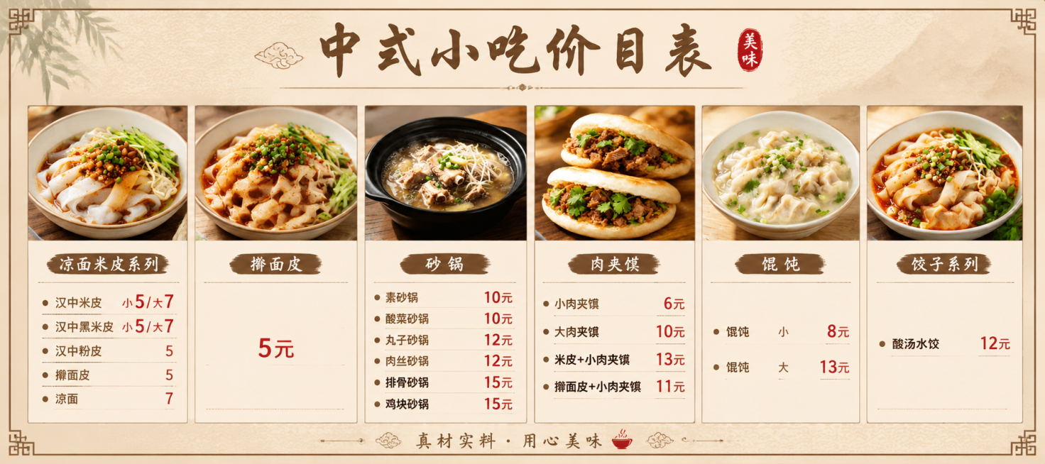 设计一张尺寸190*63厘米横版的中式小吃价目表，整体风格干净温馨，美食图文排版整齐。画面中依次排列以下六张美食图片：汉中米皮、擀面皮、排骨砂锅、肉夹馍、馄饨、酸汤水饺，每个菜品分类配对应图片，并且清预览效果
