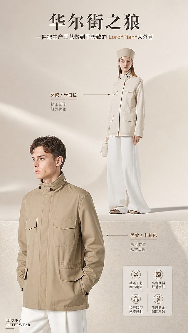 [商品] 使用【图9】女款米白色立领夹克和【图6】男款卡其色立领夹克；商品处理：保留立领、胸前翻盖口袋、下部翻盖口袋、侧开袋、可调节袖口、隐藏兜帽拉链、纽扣、版型结构和原有颜色；自然去除衣身杂乱褶皱，理顺垂坠，增强面料纹理、缝线、拉链和五金质感，不改变版型和结构。
[画面] 目标：轻奢高级风格头图海报，男女款同框展示，营造华尔街精英轻奢氛围。构图：上下分层，上半部分女模特（图9人物）身着米白夹克站于右侧，下半部分男模特（图6人物）身着卡其夹克站于左侧，两人形成呼应；产品占画面65%；阅读动线从上至下，顶部留白放主标题。景别：全身到半身混合，女款全身、男款半身。前中后景：前景浅米色地面投影，中景模特与服装主体，后景极简渐变米灰色背景+柔和光影。
[视觉] 套系策略：风格=轻奢高级极简商业摄影；标题字=现代衬线粗体；正文字=简洁无衬线体；主色=米杏驼色系；背景延展=基于米杏色做深浅渐变、同色系层次和细腻哑光质感；强调色=深焦糖棕，仅用于小面积图标、引线和标签；标题色=深炭灰棕；正文色=中暖灰；组件=细线引线、圆角浅底信息卡、极简几何装饰；光影=左前侧柔光，柔和阴影，高级影棚质感。
[文字] 顶部居中主标题「华尔街之狼」，副标题「一件把生产工艺做到了极致的 Loro*Pian*大外套」，左下角小号英文装饰「LUXURY OUTERWEAR」；文字不遮挡服装主体、领口和口袋。
[规格] 图片比例9:16竖版，4K分辨率，避免变形、错字、文字过小、冷蓝背景、衣服颜色改变、版型失真、低俗、绝对化用语。