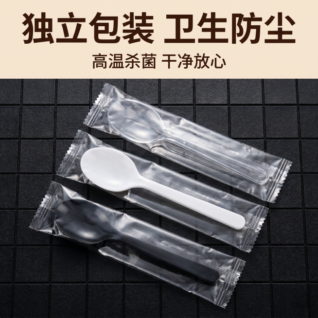 [主图-1] 食品级一次性金龟勺独立包装展示图
[氛围风格] 卫生专业风，风格统一，适合1688平台；
[画质] 商业摄影质感、光线柔和通透、产品清晰真实、画面干净高级，精细化处理；
[元素] 修正勺预览效果