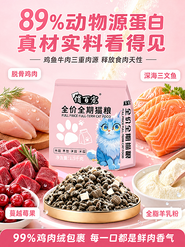 [第6张] 原料配方-真实肉源与蔓越莓89%动物源蛋白。本张使用【图1】作为产品包装，【图2】作为猫粮颗粒元素。
[氛围/风格] 品质天然宠物风，食材新鲜感，商业摄影质感。
[元素布局] 画面中央俏百宠粉色猫粮包装袋被新鲜食材环绕：左侧是去皮鸡胸肉和牛肉粒，右侧是三文鱼块和蔓越莓果，上方有羊乳粉洒出的效果，下方是一碗装满的猫粮。食材都非常新鲜，有自然的光泽和水珠感。背景是浅粉色渐变，底部有柔和的圆形光晕。**保持猫粮包装袋外观与输入产品图一致，杜绝任何变形和色差**。
[光影质感] 柔和顶光加侧光，食材表面有自然高光和水珠反光，猫粮袋立体感强，整体通透明亮有品质感。
[配色色系] 全局底色 #FFF0F5 浅粉暖调；主色深粉 #FF6B9D；辅助色食材自然色（肉粉、橙红、蔓越莓红）；点缀色绿色叶片。
[视角构图] 平视角度，中心产品周围食材环绕，形成放射状构图，视觉焦点集中在产品上。
[文字版式] 顶部主标题「89%动物源蛋白 真材实料看得见」深粉色圆润粗体大号字，副标题「鸡鱼牛肉三重肉源 释放食肉天性」深灰色小字。画面四个角落分别有小标签：左上「脱骨鸡肉」、右上「深海三文鱼」、左下「蔓越莓果」、右下「全脂羊乳粉」，都是白色圆角标签深粉字。底部通栏深粉色圆角条白字「99%鸡肉绒包裹 每一口都是鲜肉香气」。
[比例分辨率] 3:4 竖版比例，4K 分辨率，文字清晰可辨，高清画质。
[负向提示词] 变形，水印，文字错乱，文字过小，包装文字错乱，产品图模糊，背景杂乱，多余的手。