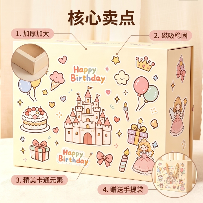 [主图 2] 核心卖点展示图，突出产品四大优势。
[氛围风格] 温馨舒适家居治愈风，柔和温暖；
[画质] 商业摄影质感、光线柔和通透、产品清晰真实、画面干净高级，真实质感；
[元素] 精致生日礼物礼盒预览效果