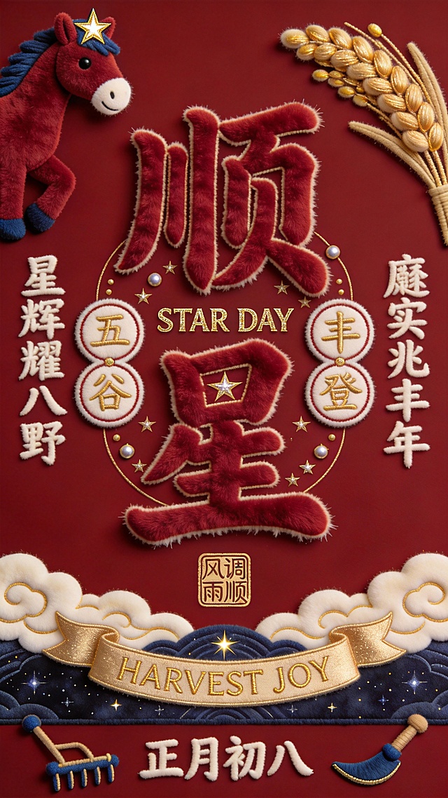 国潮风刺绣质感海报，毛发生长风字体搭配重拟物元素，融合卡通马与麦穗，喜庆中式风格呈现正月初八“顺星”节庆氛围。