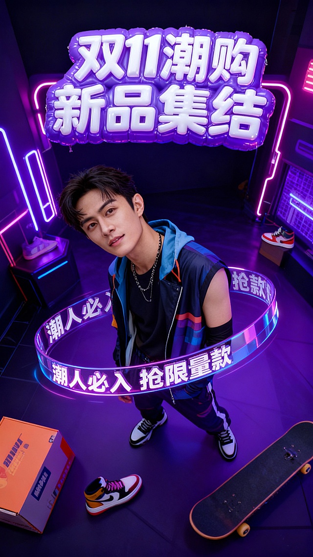 赛博朋克风霓虹灯场景，充气字效搭配虚拟现实元素，潮流青年演绎未来感穿搭，双11促销氛围拉满，酷炫科技感十足。