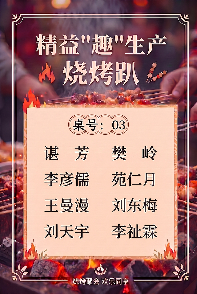 将桌号修改为03，替换所有人员姓名为：谌芳、樊岭、李彦儒、苑仁月、王曼漫、刘东梅、刘天宇、李祉霖，保持两列对称分布，保留原图片的烧烤趴背景、边框装饰风格和整体布局不变，文字清晰美观