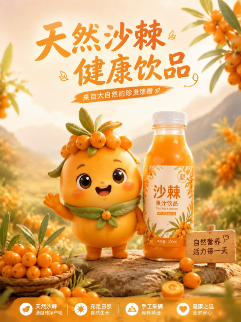 沙棘饮品IP宣传海报，使用参考图中立体3D沙棘IP形象，居中展示IP搭配沙棘饮品产品，暖橙色清新自然户外沙棘林风格，保留文案"天然沙棘 健康饮品"，保持和参考图一致的写实3D萌系风格预览效果