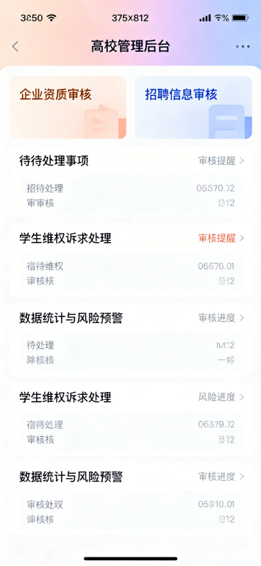 高校端首页，供就业办使用，手机375×812，顶部状态栏含时间信号电量，顶部导航栏柔和品牌渐变背景，导航栏显示高校管理后台标题，功能区包括企业资质审核、招聘信息审核、学生维权诉求处理、数据统计与风险预预览效果