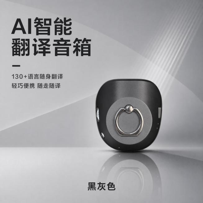 调整图一黑灰色AI智能翻译音箱的产品尺寸，改成和图二中产品一样大小。保持文字内容、背景、配色、整体设计风格不变，只缩小产品尺寸，让产品占比、位置和图二保持一致，整体版式协调统一，1:1比例，保持所有元预览效果