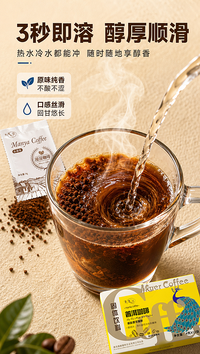 [商品] 使用【图1】漫崖普洱咖啡原味速溶咖啡外盒 + 【图2】【图3】白色独立小袋；保留外盒黄白配色、孔雀图案、全部包装文字原貌；独立小袋严格按【图2】【图3】实物：白色基底、棕色线描庄园图案、"Manya Coffee""漫崖咖啡""小袋装""净含量:4g"字样、锯齿边封口，不改变颜色与图案。
[画面] 页面目标：口感质地特写，展示速溶即化、醇厚顺滑的冲调质感。构图：中心主体为透明玻璃杯，热水冲入咖啡粉瞬间，咖啡液漩涡与升腾热气清晰可见，占画面约60%；左上角俯拍散落的【图2】款白色独立小袋（已撕开，咖啡粉洒出），右下角小比例露出外盒产品包装盒；动作瞬间型，捕捉冲调动态；背景为浅米色细腻质感，前中后三层景深，突出液体通透感与咖啡粉颗粒。
[视觉] 套系策略：风格=暖调高级商业摄影风，精致有食欲；标题字=现代无衬线粗黑体，厚重有力；正文字=简洁无衬线中黑体；主色=明黄色+深咖啡棕；背景延展=基于明黄与咖啡棕做深浅渐变、同色系层次和细腻纸张/颗粒质感；强调色=孔雀蓝，仅用于小面积图标、引线和标签点缀；标题色=深咖啡棕；正文色=中暖灰；组件=圆角浅底信息卡、细线引线；光影=侧逆光勾勒杯沿与热气轮廓，正面补光保证咖啡液颜色真实。
[文字] 主标题：3秒即溶 醇厚顺滑；副标题：热水冷水都能冲 随时随地享醇香；2个口感短句：①原味纯香 不酸不涩 ②口感丝滑 回甘悠长；文字位于画面上方与左下，横向排版，不遮挡杯体主体；所有文字均为简体中文。
[规格] 图片比例9:16竖版，分辨率4K，quality=medium；负向提示：避免变形、错字、文字过小、咖啡液颜色失真、小袋颜色不对、冷蓝灰背景、虚假功效、极限词。