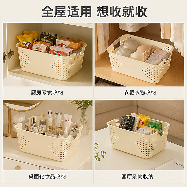 [主图-4] 多场景宫格图 展示收纳盒在不同空间的多种用途
[统一基调] 淘宝/天猫专业品质风格 暖白浅米色主背景 搭配原木色与浅灰点缀 主标题深灰粗体无衬线字 辅助文案浅灰小号字 强调色用柔和暖橙色 整体干净明亮 家居自然光感
[画面] 画面采用2x2宫格布局 四个场景分别展示收纳盒的不同用法 左上格 厨房场景 收纳篮放在橱柜里 装着零食和干货包装袋 右上格 卧室衣柜场景 收纳篮放在衣柜层板上 装着折叠好的内衣和袜子 左下格 梳妆台场景 收纳篮放在化妆台上 整齐摆放着瓶瓶罐罐的护肤品和化妆品 右下格 客厅茶几场景 收纳篮放在茶几上 装着遥控器 零食和小物件 每个宫格都是真实家居场景 产品外观保持一致 米白色配灰色提手
[光影质感] 每个宫格都是真实家居自然光摄影质感 光线柔和自然 产品融入场景自然 无硬切边缘 有真实接触阴影
[配色] 整体暖色调 各场景有各自的环境色但统一在暖米色系中 宫格分隔线用浅灰色细线条
[文字版式] 画面顶部居中大标题"全屋适用 想收就收" 每个宫格下方有小字标注 分别是"厨房零食收纳" "衣柜衣物收纳" "桌面化妆品收纳" "客厅杂物收纳" 标题字体粗体深灰色 标注文字小号浅灰色 宫格之间有细浅灰线分隔
[输出要求] 1:1正方形 2048px 四个宫格布局均衡 每个场景产品清晰可识别 文字清晰 无错字 无水印 无平台logo 禁止场景杂乱 禁止产品变形