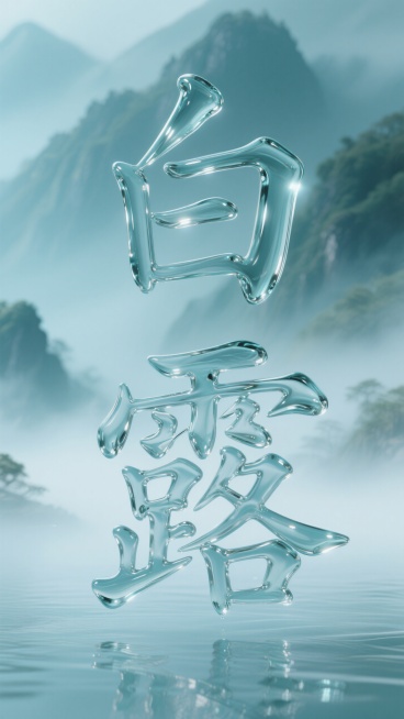 液态构成的玻璃字"白露"，背景是朦胧的淡青色雾化山水预览效果
