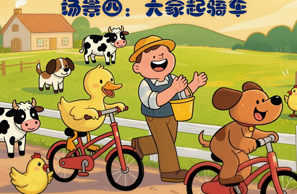 把加上兔子、松鼠、鸽子元素。换成小狗，小牛，小鸡标题场景四：大家一起骑车预览效果