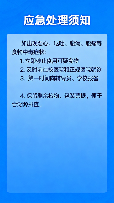 校园食品安全应急处理须知页，蓝色正式风格统一，顶部标题'应急处理须知'，正文内容：如出现恶心、呕吐、腹泻、腹痛等食物中毒症状：1. 立即停止食用可疑食物 2. 及时前往校医院或正规医院就诊 3. 第一预览效果