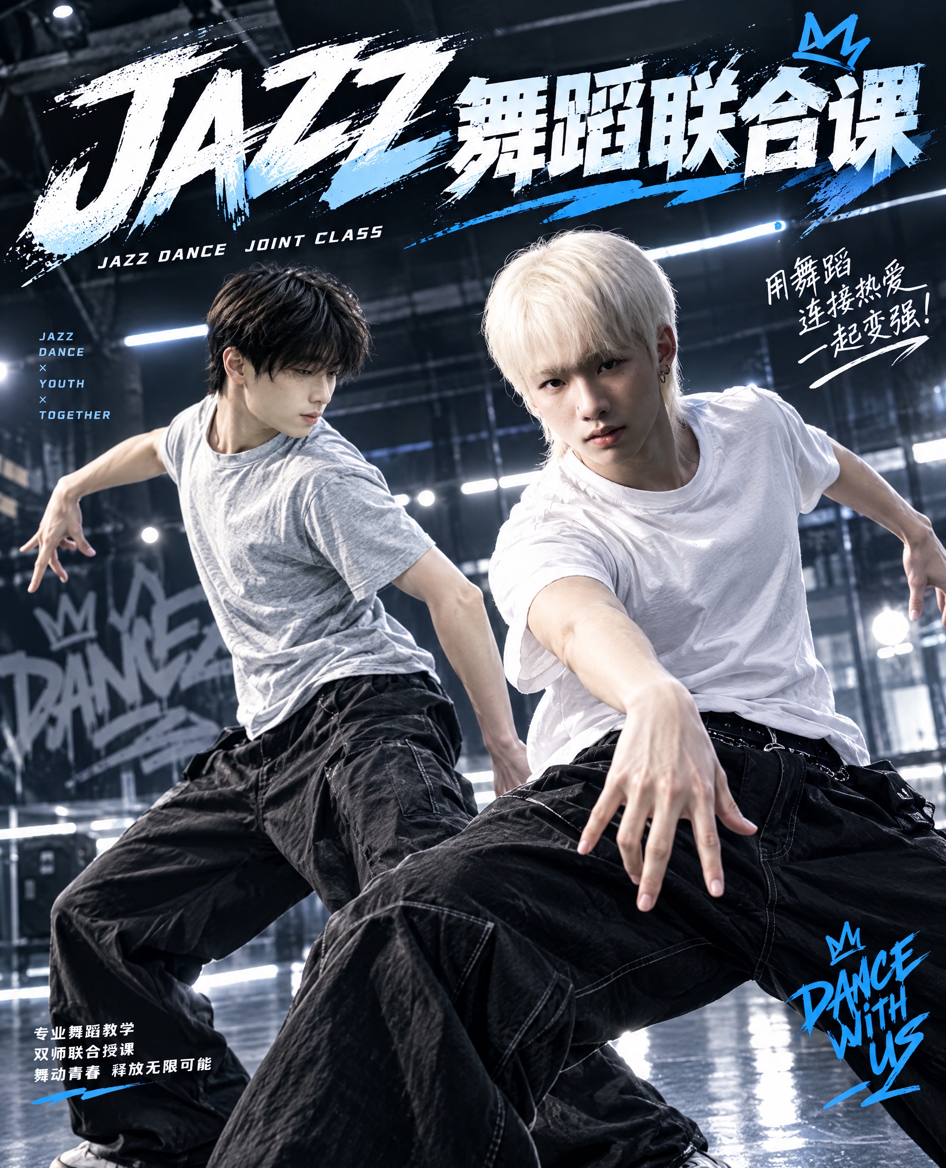 JAZZ舞蹈联合课宣传海报，画面中包含两位年轻男舞者，一位是黑… - 图片创意预览