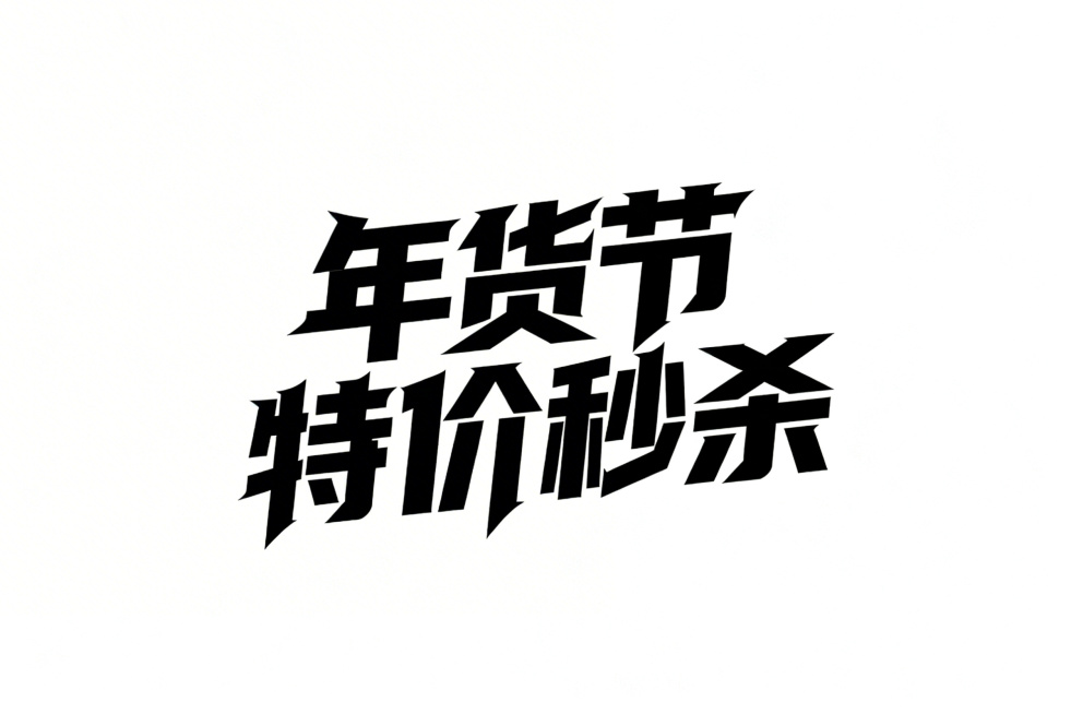 年货节特价秒杀，张扬风格字体，白底黑字预览效果