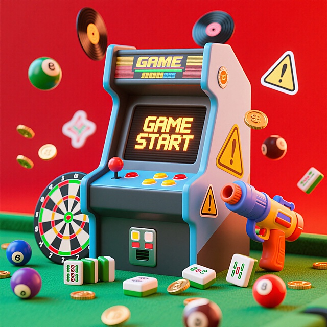 老式街机游戏机（做旧金属质感，屏幕显示 “GAME START” ），周围散落复古游戏小物（台球、麻将、硬币、飞镖，唱片、水枪），搭配潮流警示贴纸。突出复古怀旧氛围。通过物件大小、前后遮挡营造层次。背景用高饱和大红色