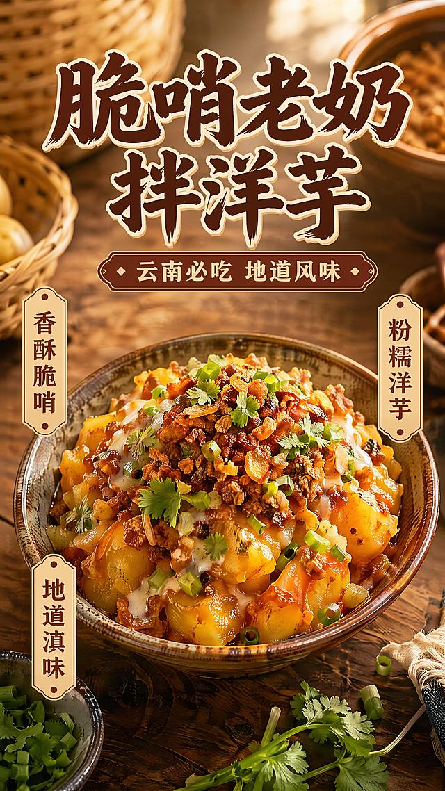 云南特色小吃推荐牌海报，写实市井烟火风格，暖调食欲感构图。主视觉为一碗脆哨老奶拌洋芋，洋芋粉糯裹满酱汁，脆哨颗粒酥脆分明，放置在质朴粗陶碗中。画面上方居中放置大字号主标题"脆哨老奶拌洋芋"，下方放置副标题"云南必吃 地道风味"。画面两侧添加装饰标签："香酥脆哨" "粉糯洋芋" "地道滇味"。整体暖棕黄色调，木质桌面背景，前景点缀少许香菜葱花，顶部自然光柔光，营造街头小吃的食欲感和烟火气。版式精美，层级分明，所有文字清晰可读，四边留足安全边距。
