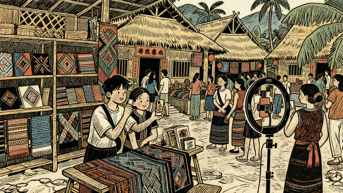 基于原图，对画面中主要的两个直播带货年轻人进行更精细的细节刻画，细化人物面部表情、服装纹理和动作细节，保留整体场景：热闹的黎族寨子，黎锦工坊开放参观，货架摆满黎锦文创，保持原有的手绘版画复古风格预览效果