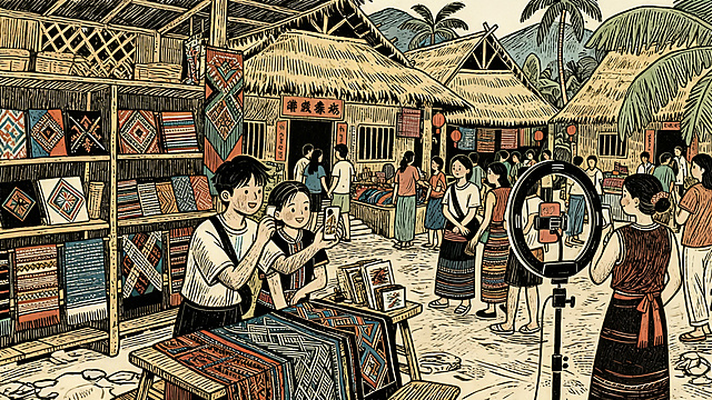 基于原图，对画面中主要的两个直播带货年轻人进行更精细的细节刻画，细化人物面部表情、服装纹理和动作细节，保留整体场景：热闹的黎族寨子，黎锦工坊开放参观，货架摆满黎锦文创，保持原有的手绘版画复古风格