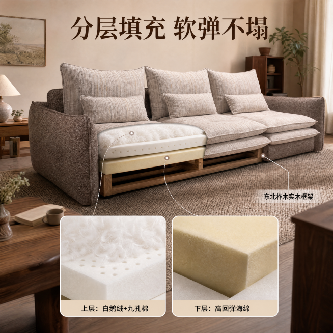 [主图-2] 棉麻沙发假两层填充结构卖点展示
[氛围风格] 温馨自然复古居家生活感，真实原生感
[画质] 商业摄影质感、光线柔和通透、产品清晰真实、画面干净高级
[元素] 保持棉麻沙发的外观物理结构、预览效果