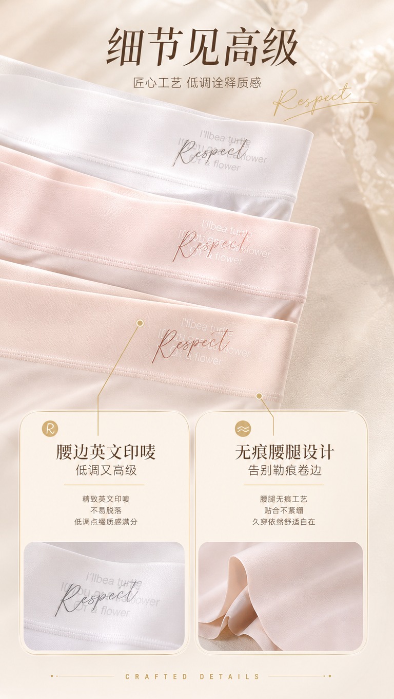 [商品] 使用【图3】的冰丝内裤腰边细节特写，展示白色、浅粉色… - 图片创意预览