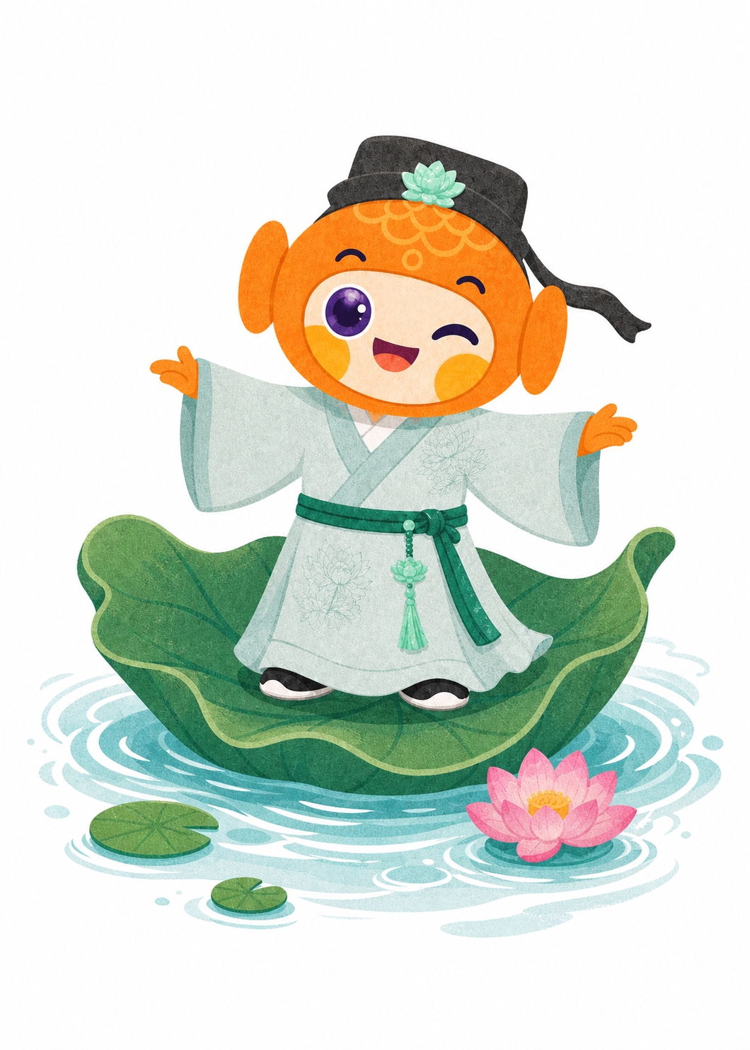 参考图中的橙色鱼形吉祥物，头戴黑色官帽（帽顶有青色莲花装饰），… - 图片创意预览